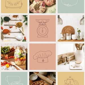 Puede incluir: Un collage de nueve im&aacute;genes con utensilios de cocina e ingredientes. Las im&aacute;genes incluyen una tostadora, ajo, un mortero y un pil&oacute;n, especias, una b&aacute;scula de cocina, un gorro de chef, una encimera de cocina con utensilios, una batidora de pie, una tarta y una tetera.