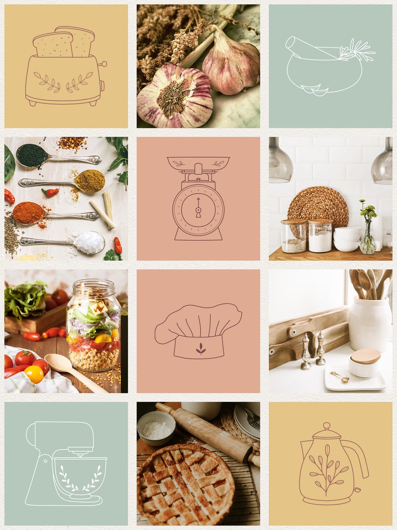 Puede incluir: Un collage de nueve im&aacute;genes con utensilios de cocina e ingredientes. Las im&aacute;genes incluyen una tostadora, ajo, un mortero y un pil&oacute;n, especias, una b&aacute;scula de cocina, un gorro de chef, una encimera de cocina con utensilios, una batidora de pie, una tarta y una tetera.