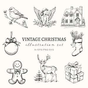 Illustration vintage de Noël dessinée à la main style vacances Clipart-rétro Noël SVG-bricolage Noël carte-art festif PNG-usage commercial