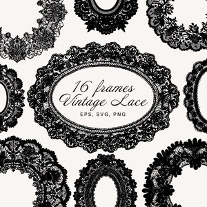 Puede incluir: Una colección de dieciséis marcos de encaje vintage negro en varias formas ovaladas y circulares. Los marcos están intrincadamente detallados con diseños florales y ornamentales. El texto "16 frames Vintage Lace" se muestra en el centro de la imagen, con información de tipo de archivo.