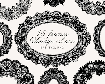 Lot de cliparts cadre dentelle vintage SVG | Cadres PNG ornés de dentelle et de napperon pour scrapbookings, invitations, travaux manuels et conception numérique, dentelle vectorielle