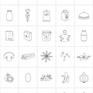 Puede incluir: Un conjunto de 36 dibujos en blanco y negro de art&iacute;culos de cocina y alimentos. Las ilustraciones incluyen una olla, un frasco, una botella, un hongo, una rama de canela, una estrella de an&iacute;s, un clavo, una vaina de vainilla, un tomate, una patata, un racimo de bayas, un pl&aacute;tano, una cebolla, un chile, un lim&oacute;n, una ra&iacute;z de jengibre y un aguacate.