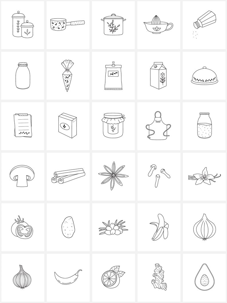 Puede incluir: Un conjunto de 36 dibujos en blanco y negro de art&iacute;culos de cocina y alimentos. Las ilustraciones incluyen una olla, un frasco, una botella, un hongo, una rama de canela, una estrella de an&iacute;s, un clavo, una vaina de vainilla, un tomate, una patata, un racimo de bayas, un pl&aacute;tano, una cebolla, un chile, un lim&oacute;n, una ra&iacute;z de jengibre y un aguacate.