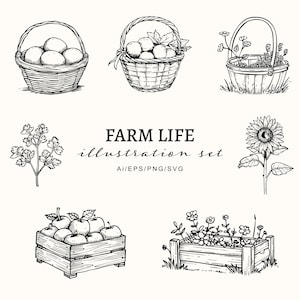 Illustration de ferme ensemble-ferme rustique Clipart PNG-agriculture jardinage clip-art-dessiné à la main-cour de ferme fichiers vectoriels SVG-Cottagecore-pommes