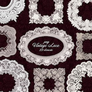 Vintage Lace Clipart PNG Set, Ivory Lace Frames, Ornamental Lace Elements, Wedding Invitation Decor, Scrapbook Kit
