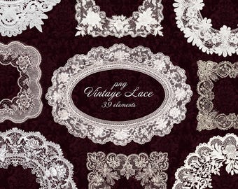 Vintage Lace Clipart PNG Set, Ivory Lace Frames, Ornamental Lace Elements, Wedding Invitation Decor, Scrapbook Kit