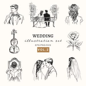 Paquete de ilustraciones elegantes para bodas, gráficos florales y de lugares para invitaciones, señalización, marca, vectores editables, conjunto SVG para el día de San Valentín