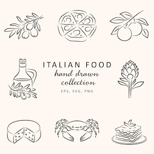 Handgetekende Italiaanse voedselpictogrammen, minimalistische lijntekeningen clipart set voor restaurantlogo's, menu's, labels, verpakkingen, illustraties Italiaanse keuken