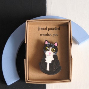 Black and white cat brooch pin - hand painted wooden tuxedo cat badge