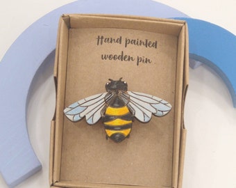 Bee brooch pin - hand painted wooden badge