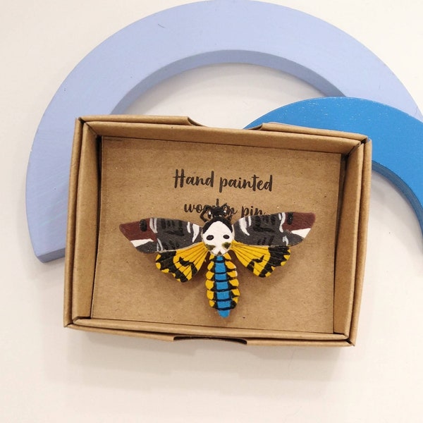 Death's head moth brooch pin - hand painted wooden badge