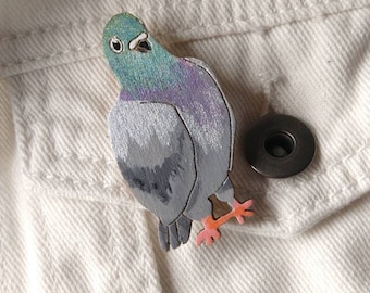 Pigeon pin badge, Hand painted wooden brooch