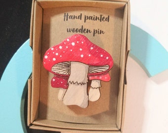 Mushroom pin badge - Wooden hand painted brooch - toadstool gift