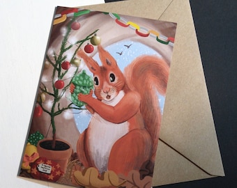 Squirrel christmas card - shaking wrapped gift - sustainable recycled card