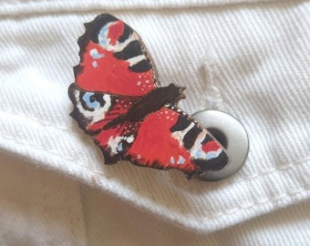 Peacock butterfly brooch pin wood. Hand painted  lasercut wooden brooch / badge