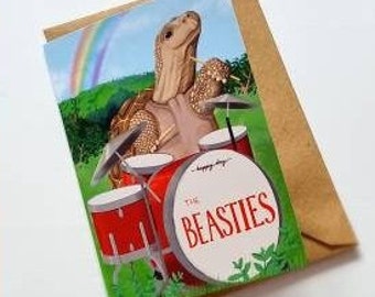 Tortoise drummer greetings card; pet rocks blank card - birthday or just because
