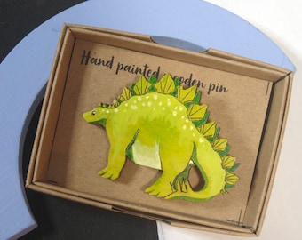 Wooden stegosaurus brooch / pin badge - hand painted