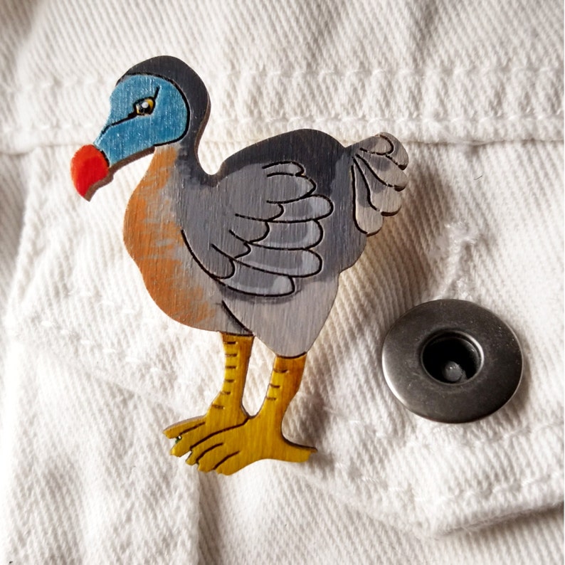 Dodo pin badge, Hand painted wooden brooch image 1