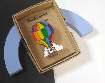 Air balloon brooch, colourful hand painted wooden laser cut pin badge - pride edit