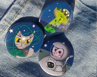 Space cats - kitty scifi badges.  Great gift for cat loving science fiction fans