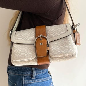 Coach Rare Authentic Signature Soho Shoulder Bag Leather Canvas White/Tan Buckle