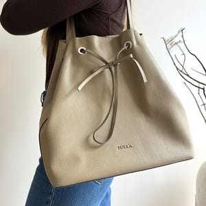 Authentic Furla Costanza Shoulder Drawstring Bag Soft Grained Leather