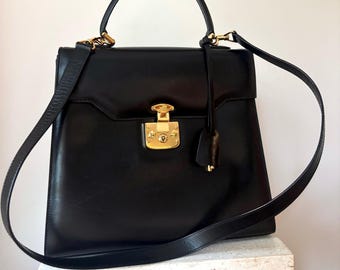 Bolsa de ombro Gucci Lady vintage autêntica e rara, em couro, com fecho 2 em 1 + saco para pó. Preta, tamanho grande.