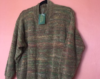 Handspun handknitted sweater, dyed green brown Bluefaced Leicester, Merino lambswool & silk. Details cuff neck hem. Generous. Slow textiles