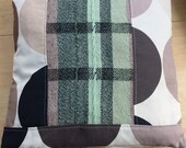 Cushion handwoven Shetland lambswool panel and designer fabric offcuts, and velvet back. Zip fastener. Approx 40cm x 40cm.