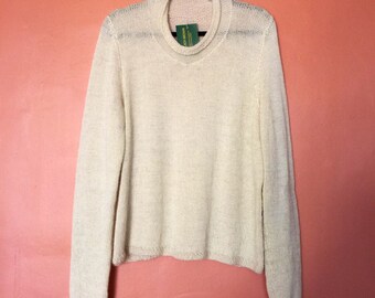 Hand knitted sweater in Wensleydale lambswool. Lustrous long wool. Natural cream ecru. One size, one off design. Slow textiles.