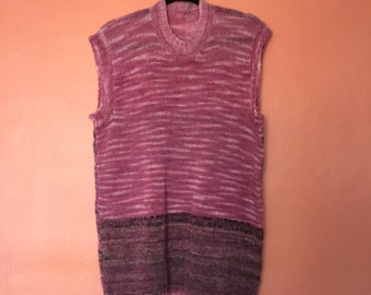 Hand knitted sleeveless sweater in hand spun dyed pink Romney & oatmeal brown Shetland lambswool. Generous longer size. Slow textiles.