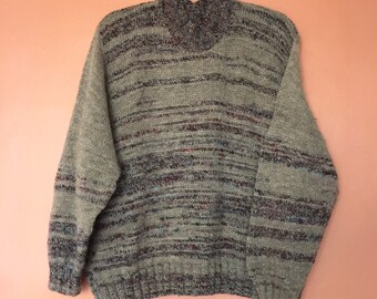 Handspun handknitted sweater undyed Bluefaced Leicester, dyed merino lambswool & tussah silk. Generous size.