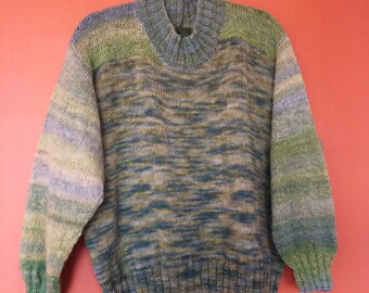 Handspun hand knitted sweater in hand dyed rarebreed Romney lambswool. One generous size. Sea colours, slow textiles.