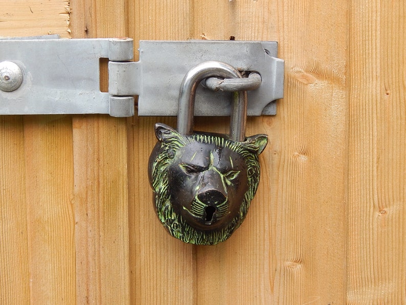 Puede incluir: Un candado decorativo con dise&ntilde;o de cabeza de oso, en bronce y verde, est&aacute; asegurado a una puerta de madera con un pestillo de metal. El grillete en forma de U del candado es plateado, y la puerta est&aacute; hecha de tablones de madera verticales.