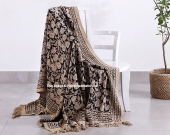 Indian Throw Blanket Bohemian Cloth Bed cover with Tassels Hand-Loomed Block Printed Cotton Sofa Throw, Soft Cotton Throws