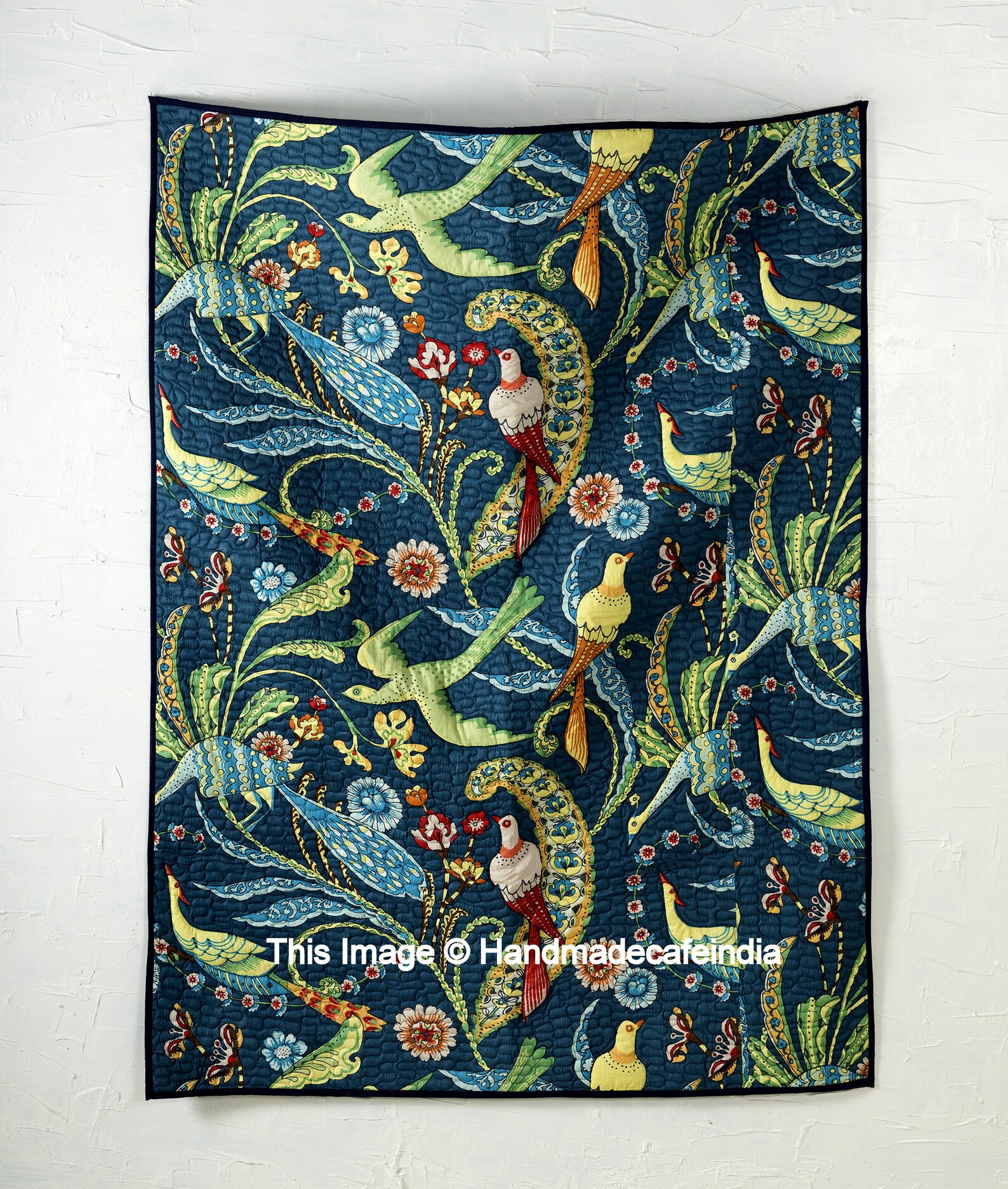 Quilted Throw Blue Kantha Quilt Bird Floral Bedding Ethnic Etsy UK