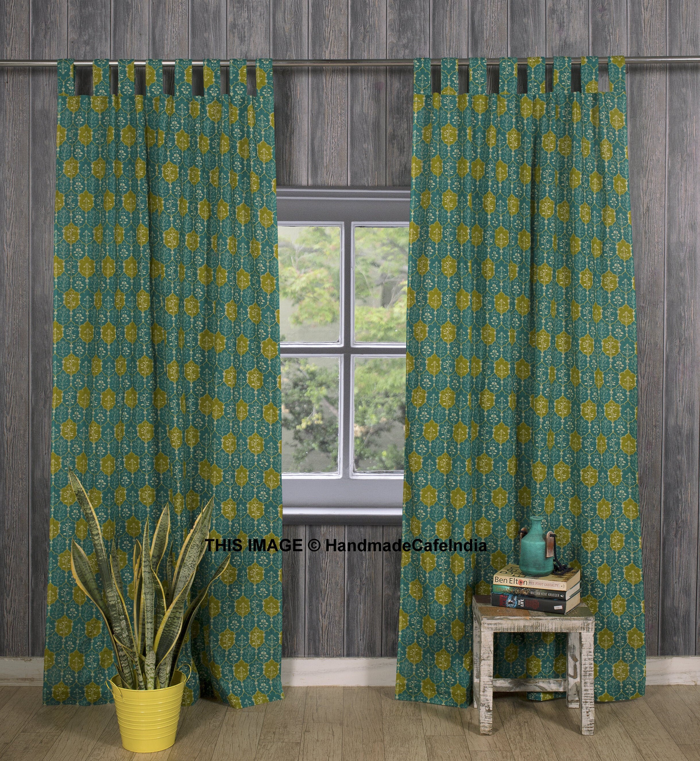 Green Floral Set of 2 Cotton Long Slim Curtain Panels Cotton Etsy UK
