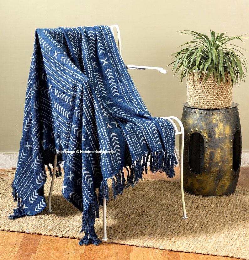 Indigo Throw Mud Cloth Throw Blanket Fringed Throw Turkish Etsy