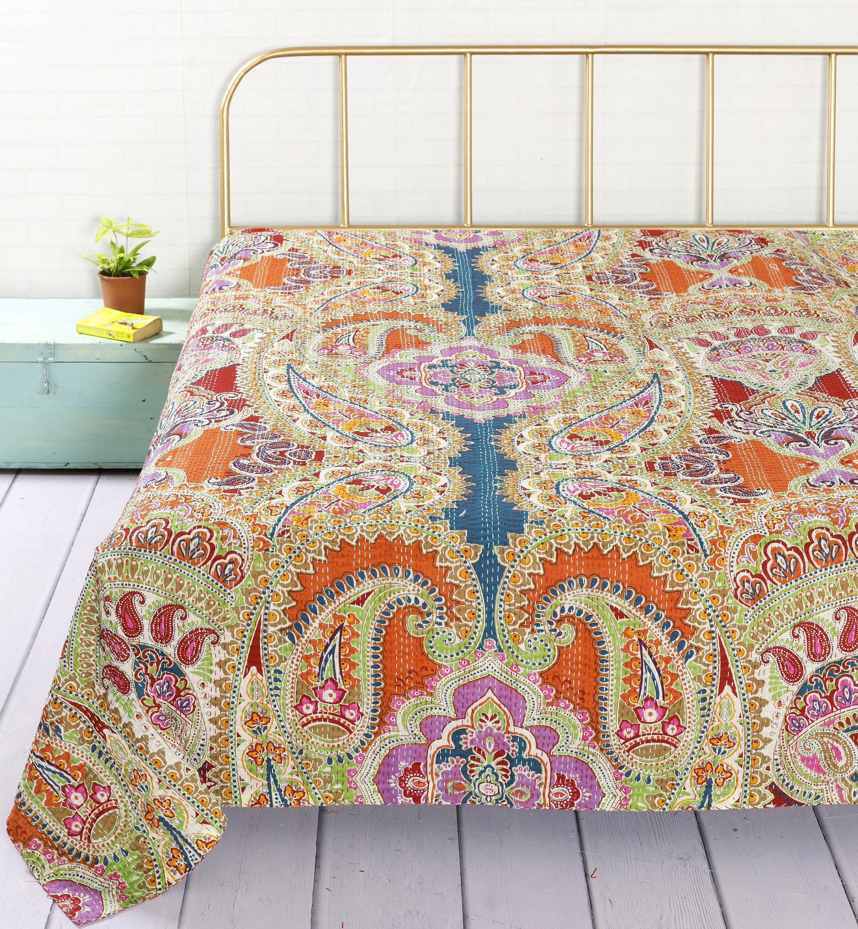 Indian Kantha Queen Size Quilt Reversible Paisley Gudari Indian Bedspread Throw 