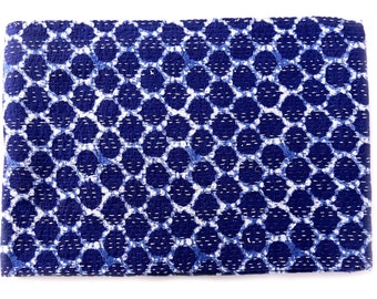 Indigo Blue Kantha Quilt throw Scalloped Blanket,Baby Quilt,embroidered quilt,throw,Bed cover Bedspread Twin size,quilt Bed Cover Handmade
