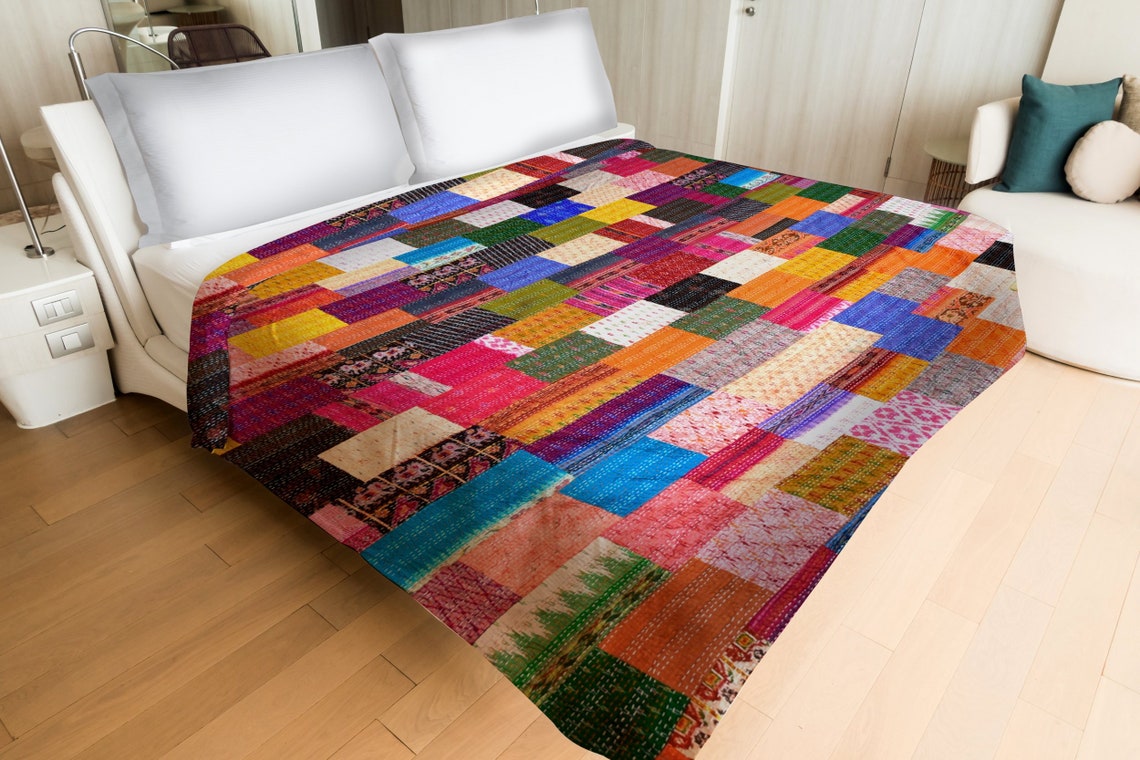 Twin/queen Size Handmade Quilt Vintage Patchwork Silk Sari Etsy