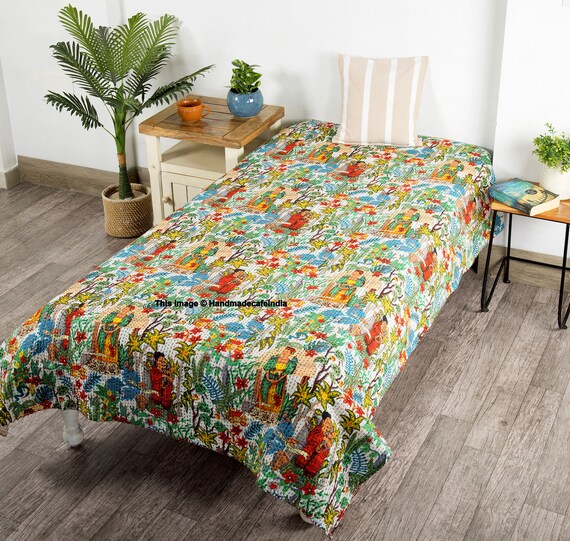 Frida Kahlo Printed Cotton Quilted Blanket Indian Handmade Bedspread Kantha Work Bohemian Bed Decor Throw Blanket Room Decor Quilt For Sale