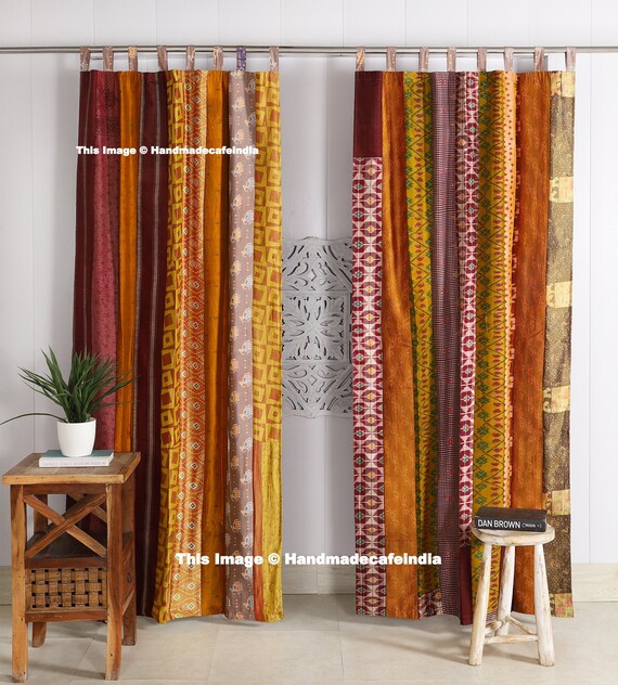 2 Pcs of Brown Indian Curtain Saree Silk Curtain Sari Boho - Etsy Israel