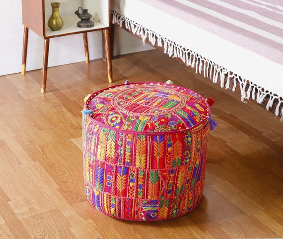 Indian Patchwork Round Pouf Ottoman Cover Foot Stool Moroccan Pouffe Cover 22'' 