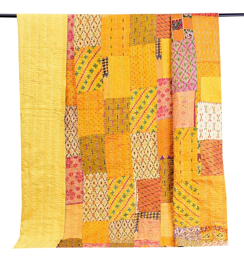 Yellow Queen Size Handmade Quilt Vintage Patchwork Silk Sari Etsy