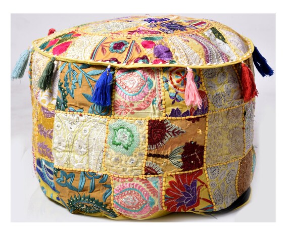 22" Indian Ottoman Pouf Round Floor Footstool Cover Patchwork Cotton Pouf Cover 