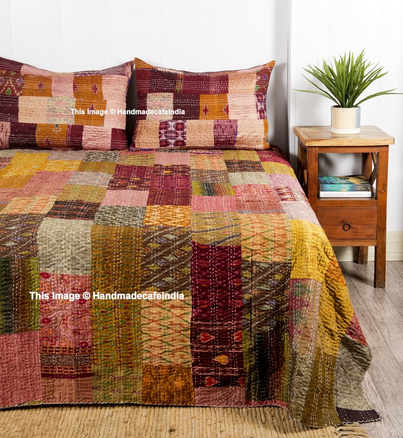 Indian Silk Kantha Quilts Cl.king Size Brown Patola Patchwork Etsy