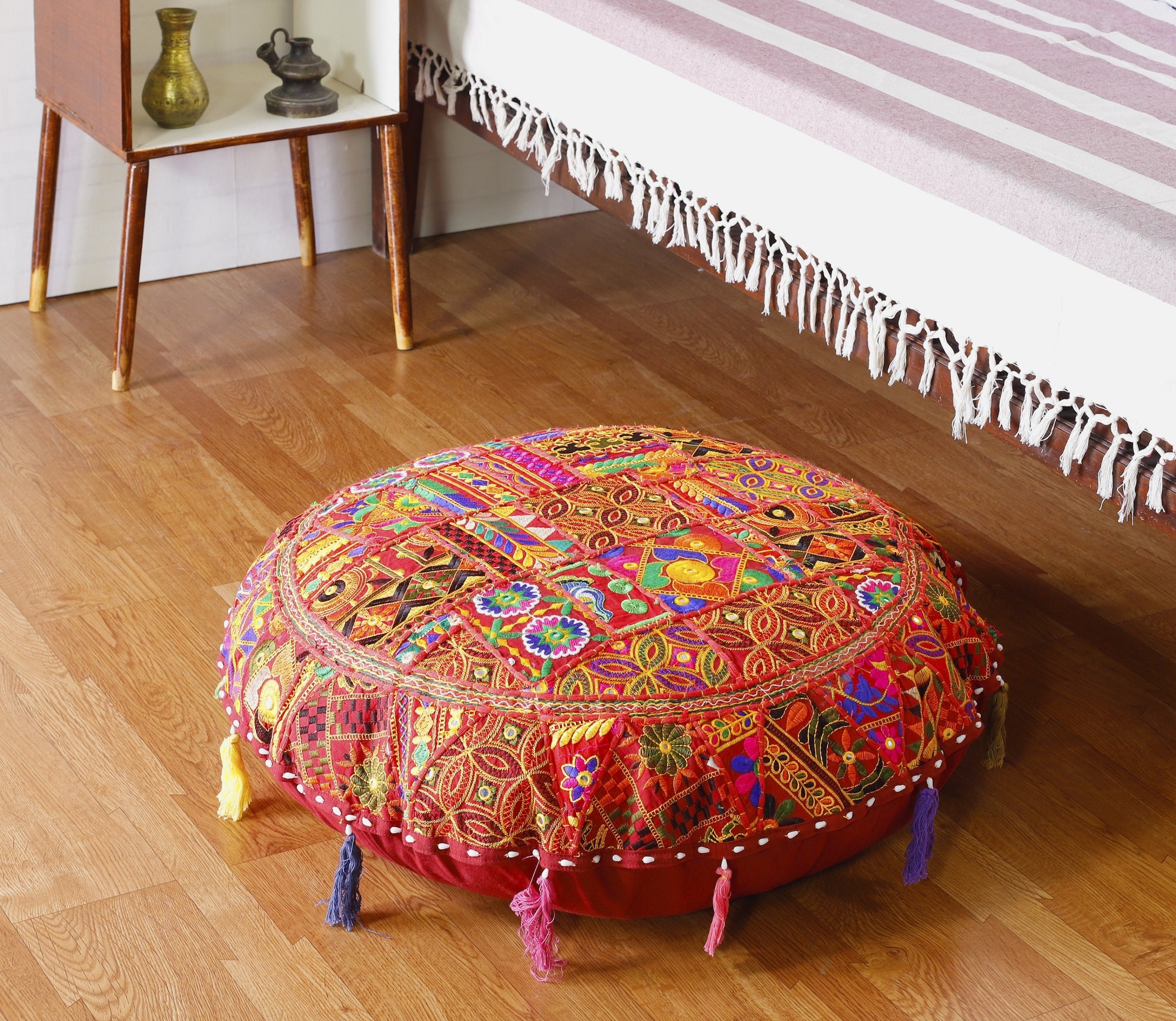 Cushion cover ottoman floor seat cover tapestry couch Red bohemian mirror work embroider hand made round Cushion cover ottoman floor seat cover tapestry couch Red bohemian mirror work embroider hand made round
