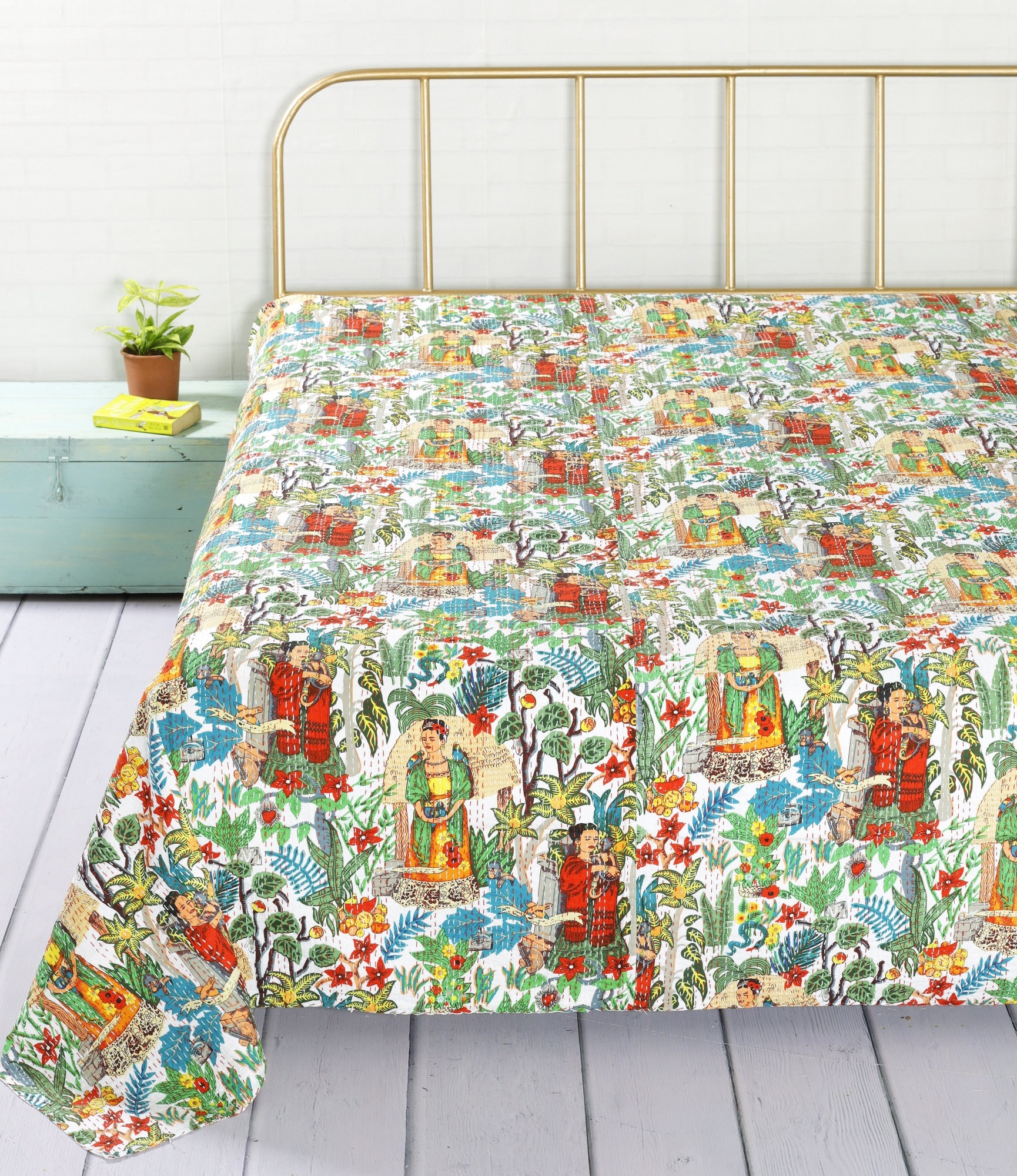 Indian Kantha Quilt Reversible Bedspread Handmade Floral Print Cotton Coverlet e 