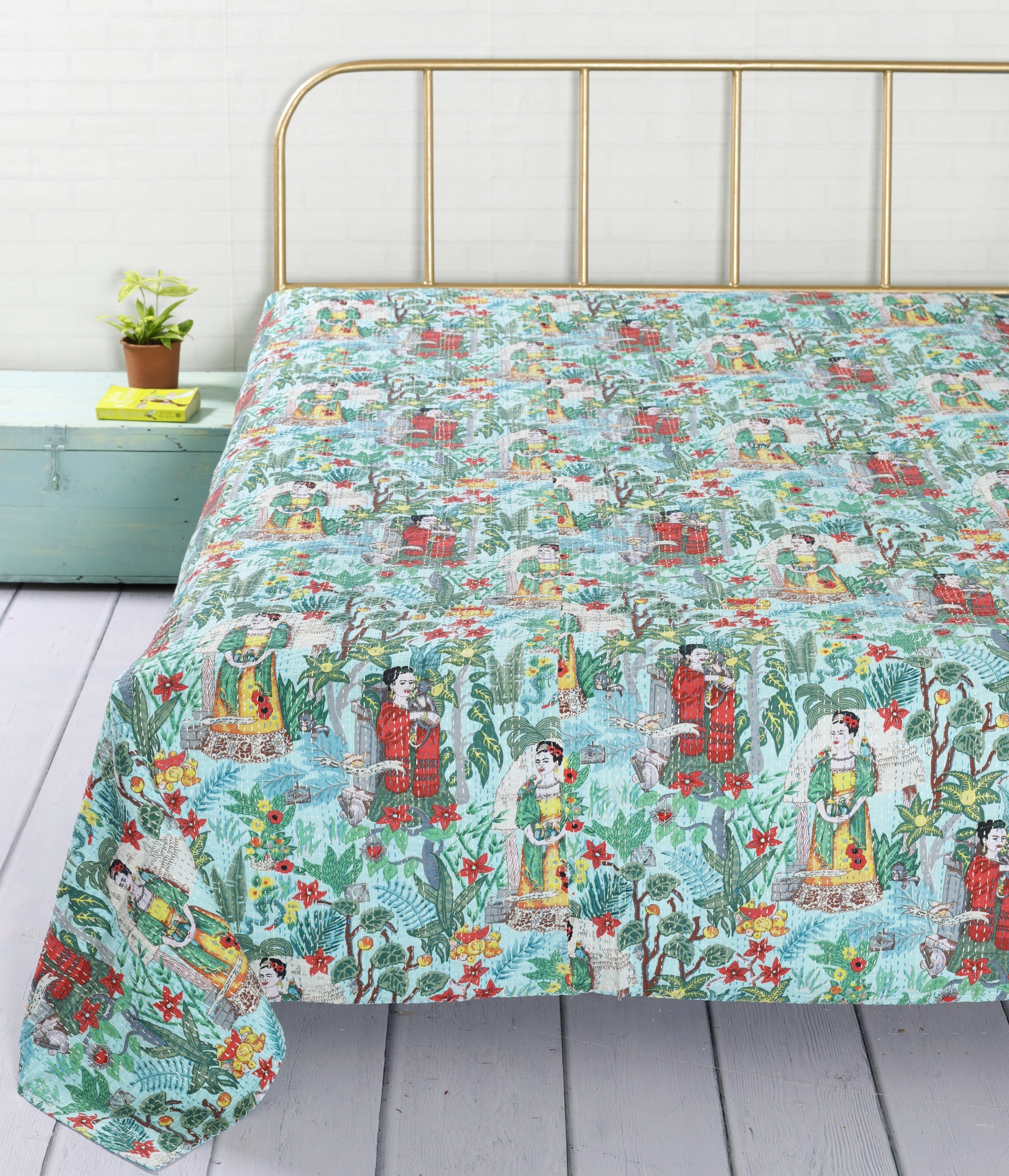 Exclusive Frida Khalo Kantha Quilts Bohemian Queen Floral Printed Reversible Bedspread Indian Bedding Quilts Blanket Handmade Coverlets Quilt
